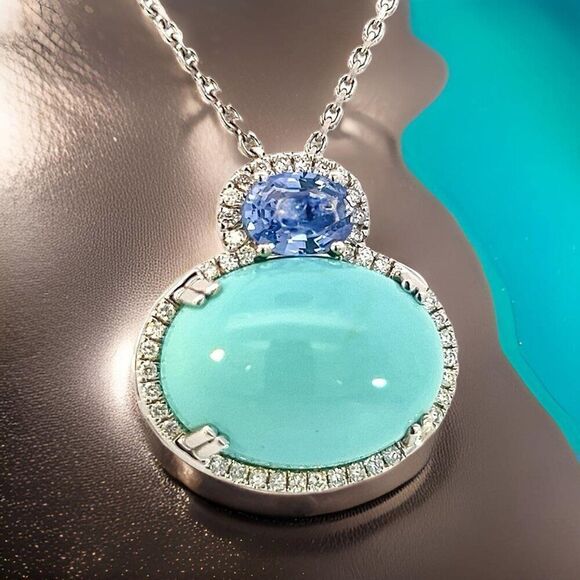 Turquoise Sapphire Diamond Necklace 17" 14k 19.03 TCW Certified $6,950 311694 - Picture 3 of 15